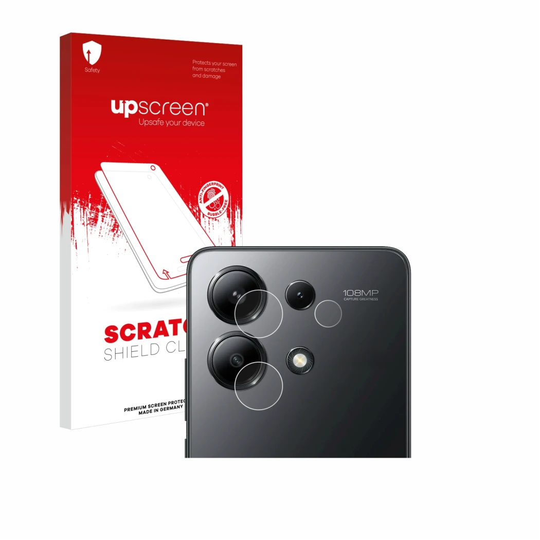 Face avant d’un emballage produit avec le logo de la marque upscreen. À côté, l’appareil Xiaomi Redmi Note 13 4G (Caméra UNIQU