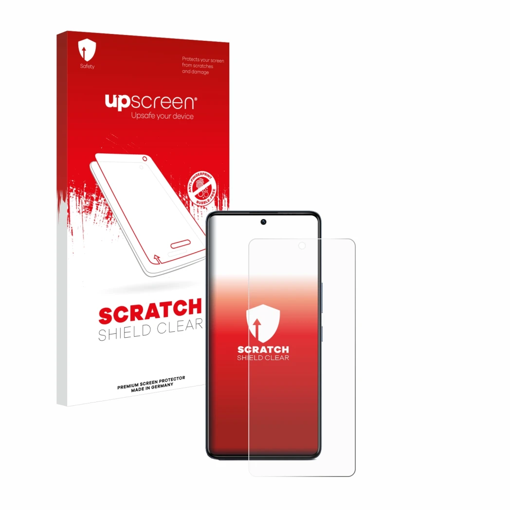 Face avant d’un emballage produit avec le logo de la marque upscreen. À côté, l’appareil Infinix GT 20 Pro est représenté avec