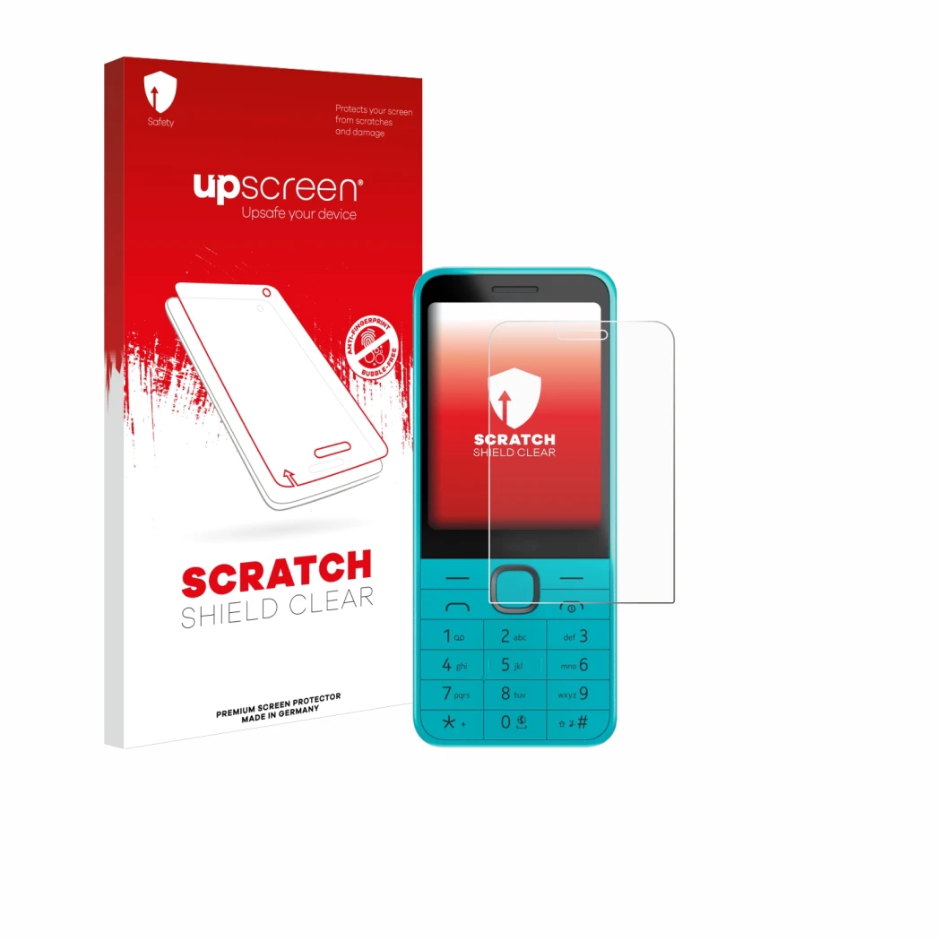 Face avant d’un emballage produit avec le logo de la marque upscreen. À côté, l’appareil Nokia 235 4G (2024) est représenté av