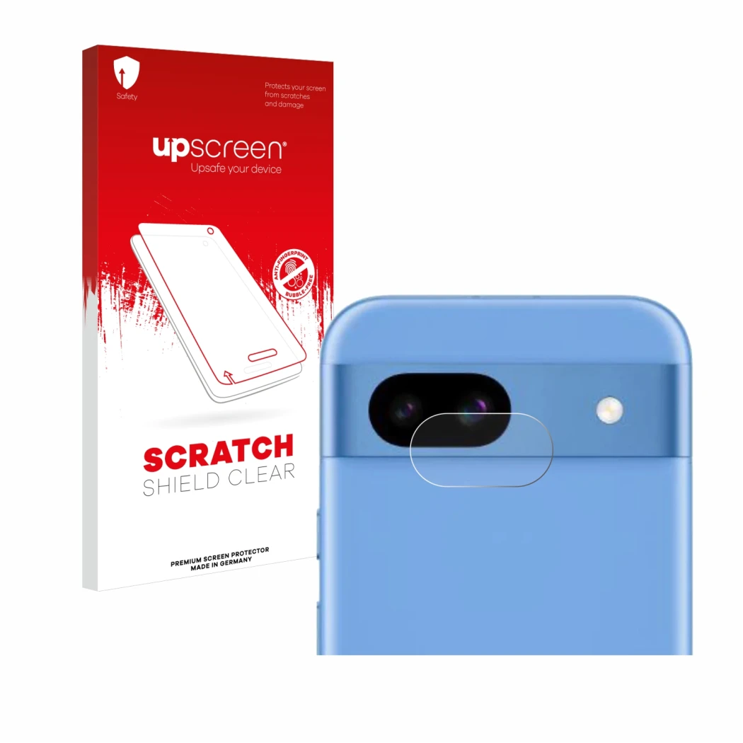 Face avant d’un emballage produit avec le logo de la marque upscreen. À côté, l’appareil Google Pixel 8a (Caméra UNIQUEMENT) e