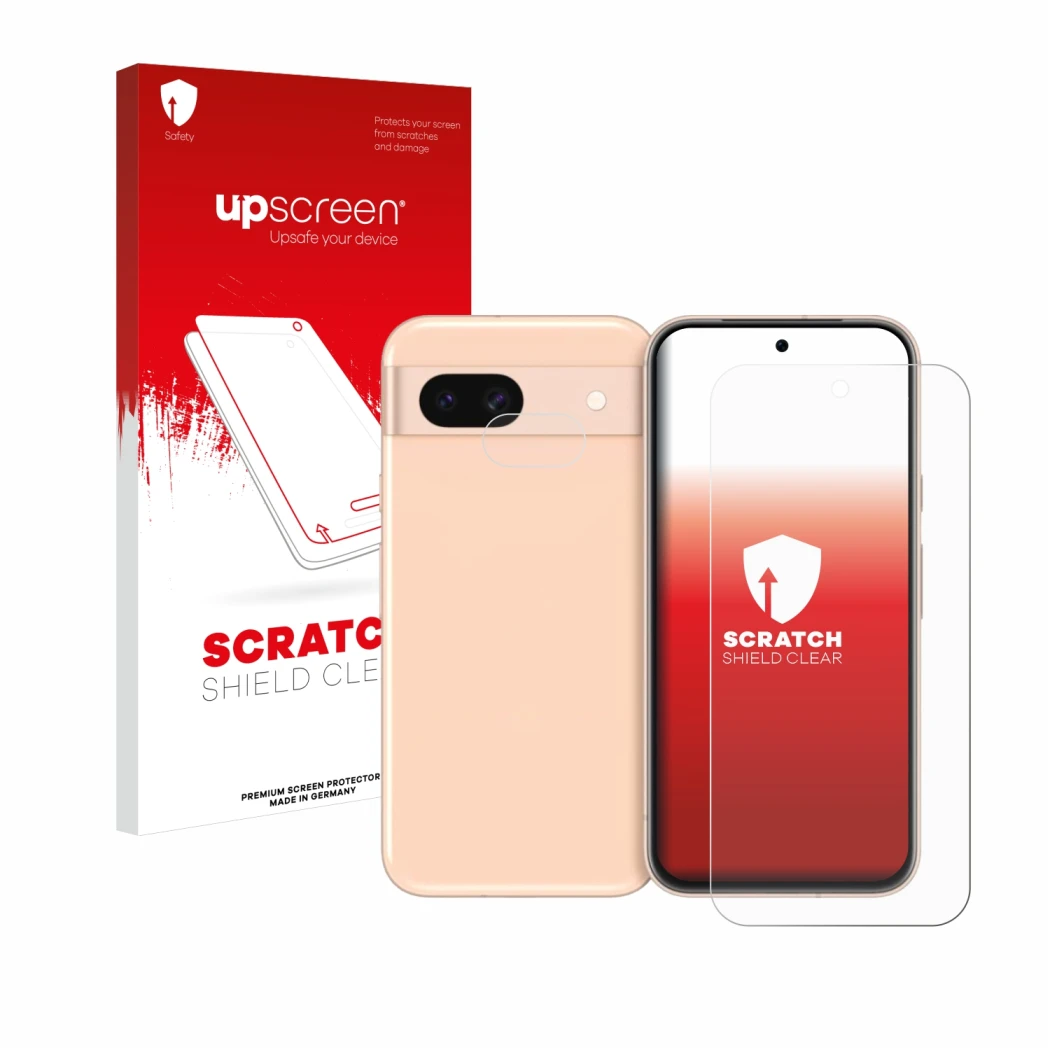 Face avant d’un emballage produit avec le logo de la marque upscreen. À côté, l’appareil Google Pixel 8a (Avant+Caméra) est re