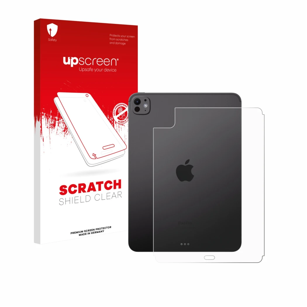 Face avant d’un emballage produit avec le logo de la marque upscreen. À côté, l’appareil Apple iPad Pro 11