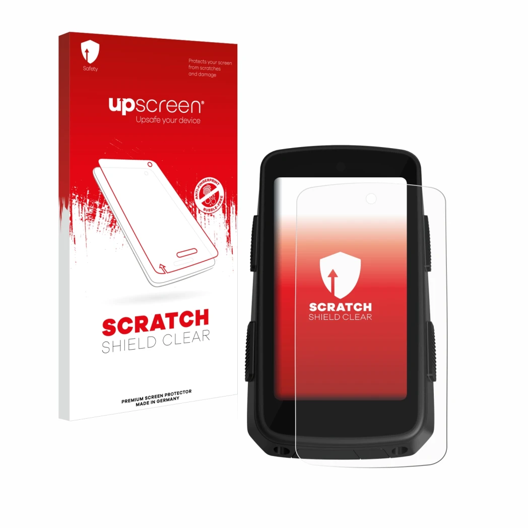 Face avant d’un emballage produit avec le logo de la marque upscreen. À côté, l’appareil Hammerhead Karoo 3 est représenté ave