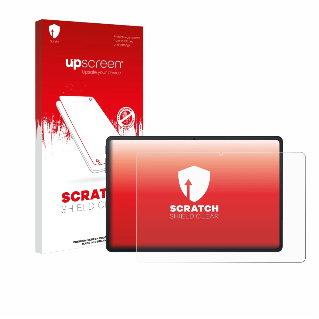 Face avant d’un emballage produit avec le logo de la marque upscreen. À côté, l’appareil Blackview Tab 90 WiFi est représenté 