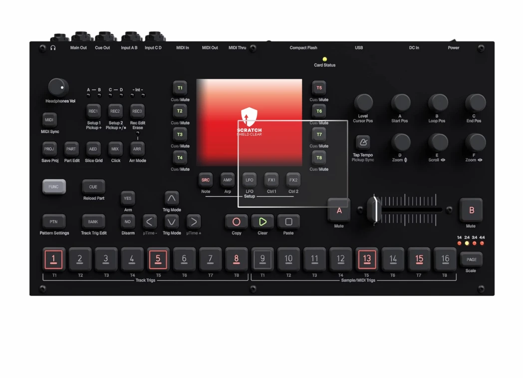 Image de l'appareil Elektron Octatrack MKII avec une grande variété de protections d'écran.