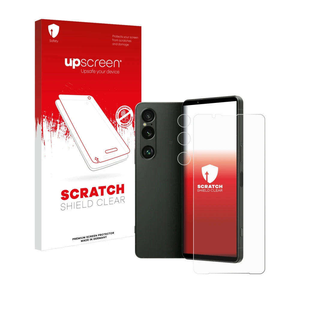 Face avant d’un emballage produit avec le logo de la marque upscreen. À côté, l’appareil Sony Xperia 1 VI (Avant+Caméra) est r