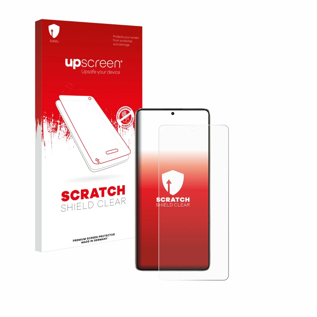 Face avant d’un emballage produit avec le logo de la marque upscreen. À côté, l’appareil Xiaomi Poco F6 est représenté avec la