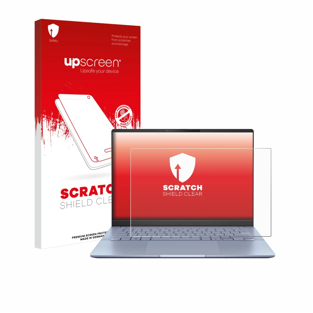 Face avant d’un emballage produit avec le logo de la marque upscreen. À côté, l’appareil ASUS Vivobook S 14 OLED S5406 est rep