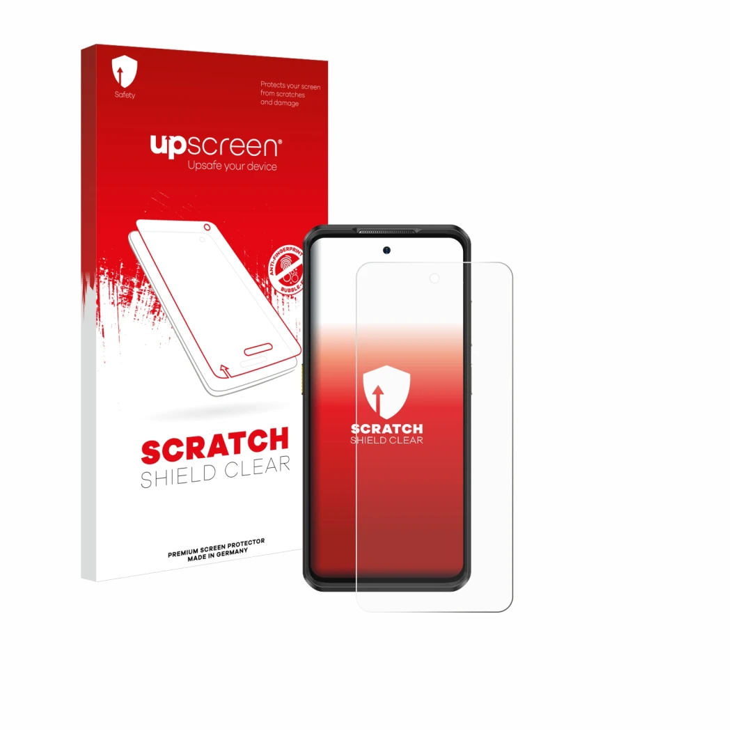 Face avant d’un emballage produit avec le logo de la marque upscreen. À côté, l’appareil Ulefone Armor 25T Pro est représenté