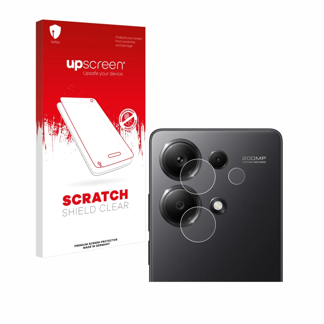 Face avant d’un emballage produit avec le logo de la marque upscreen. À côté, l’appareil Xiaomi Redmi Note 13 Pro 4G (Caméra U