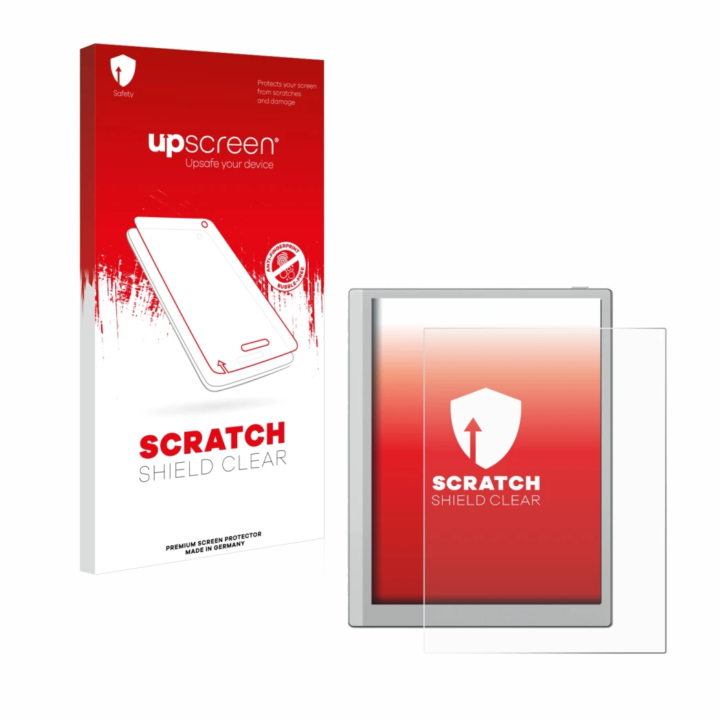 Face avant d’un emballage produit avec le logo de la marque upscreen. À côté, l’appareil Boox Go 10.3 est représenté avec la p