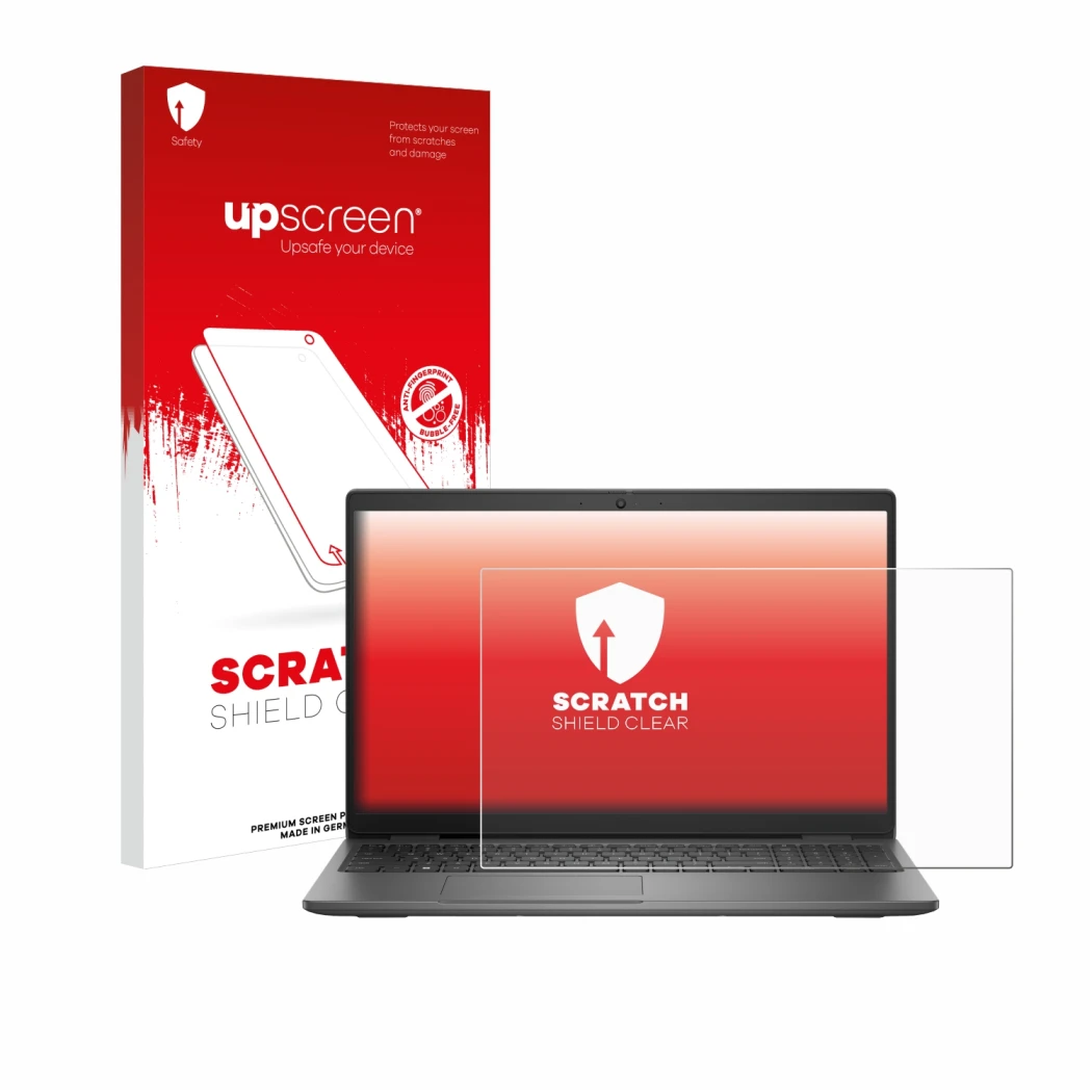 Face avant d’un emballage produit avec le logo de la marque upscreen. À côté, l’appareil Dell Latitude 15 3540 est représenté