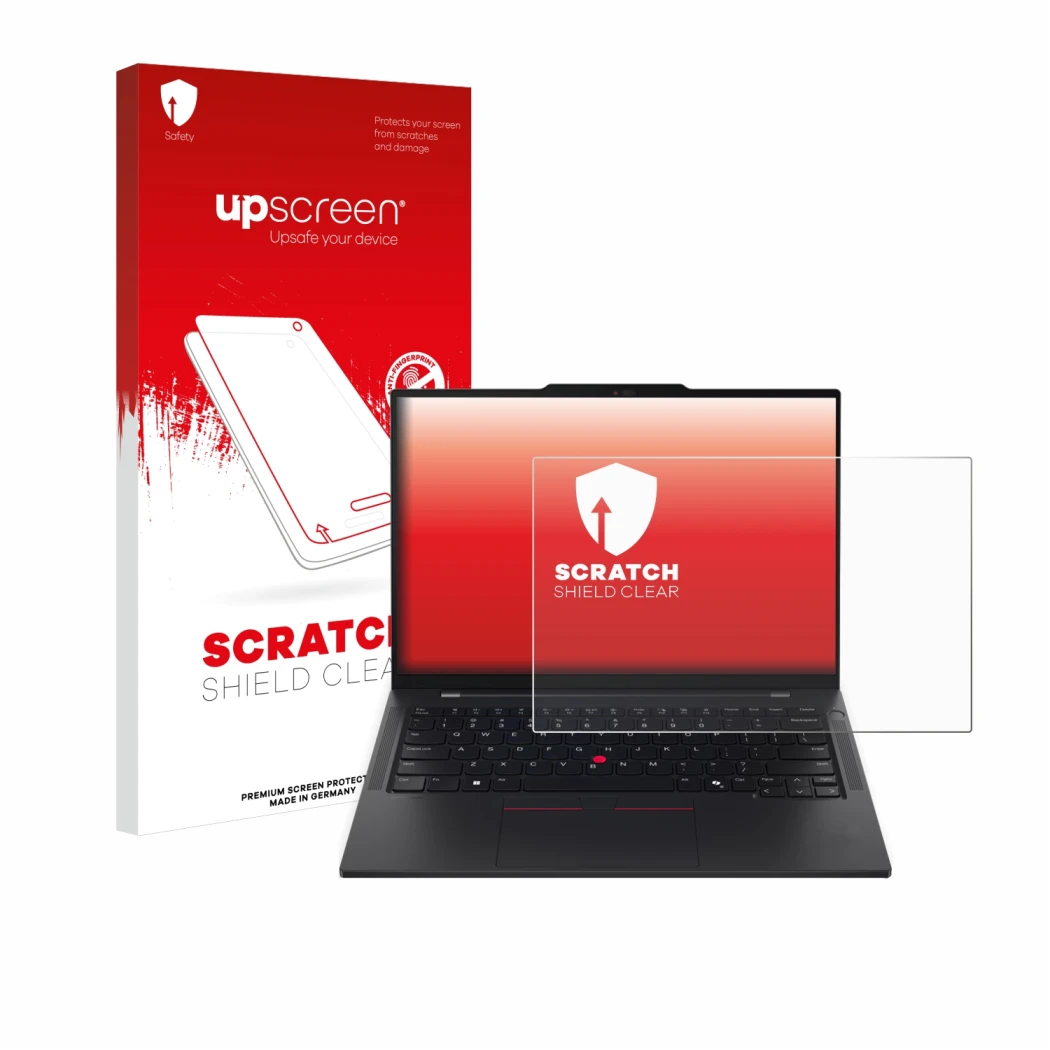 Face avant d’un emballage produit avec le logo de la marque upscreen. À côté, l’appareil Lenovo ThinkPad T14s Gen 6 est représ