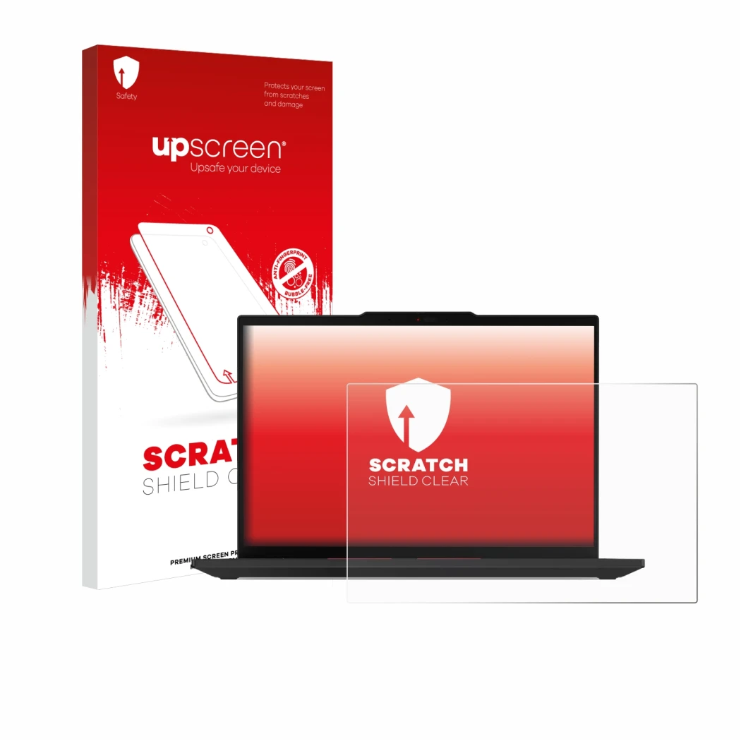 Face avant d’un emballage produit avec le logo de la marque upscreen. À côté, l’appareil Lenovo ThinkPad P14s Gen 5 14