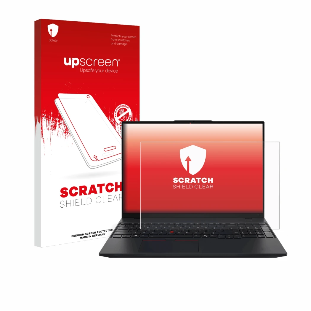 Face avant d’un emballage produit avec le logo de la marque upscreen. À côté, l’appareil Lenovo ThinkPad L16 Gen 1 est représe