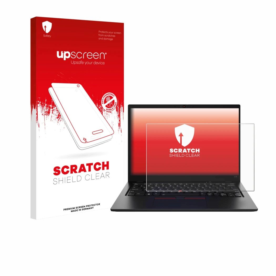 Face avant d’un emballage produit avec le logo de la marque upscreen. À côté, l’appareil Lenovo ThinkPad L13 Gen 5 est représe