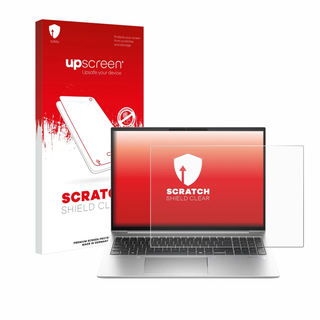 Face avant d’un emballage produit avec le logo de la marque upscreen. À côté, l’appareil HP EliteBook 840 G11 est représenté a