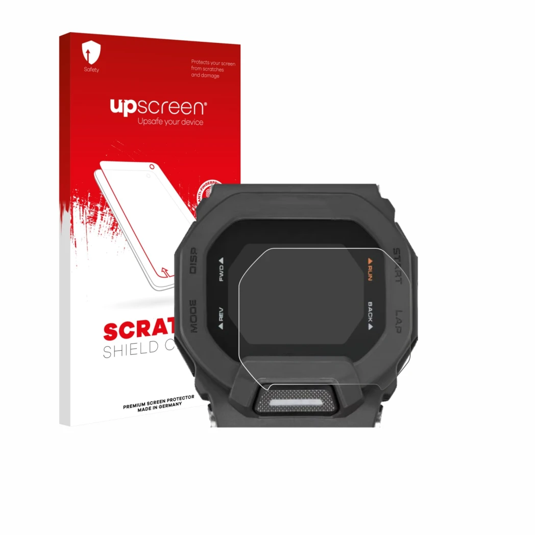 Face avant d’un emballage produit avec le logo de la marque upscreen. À côté, l’appareil Casio G-Shock GBD-200 est représenté