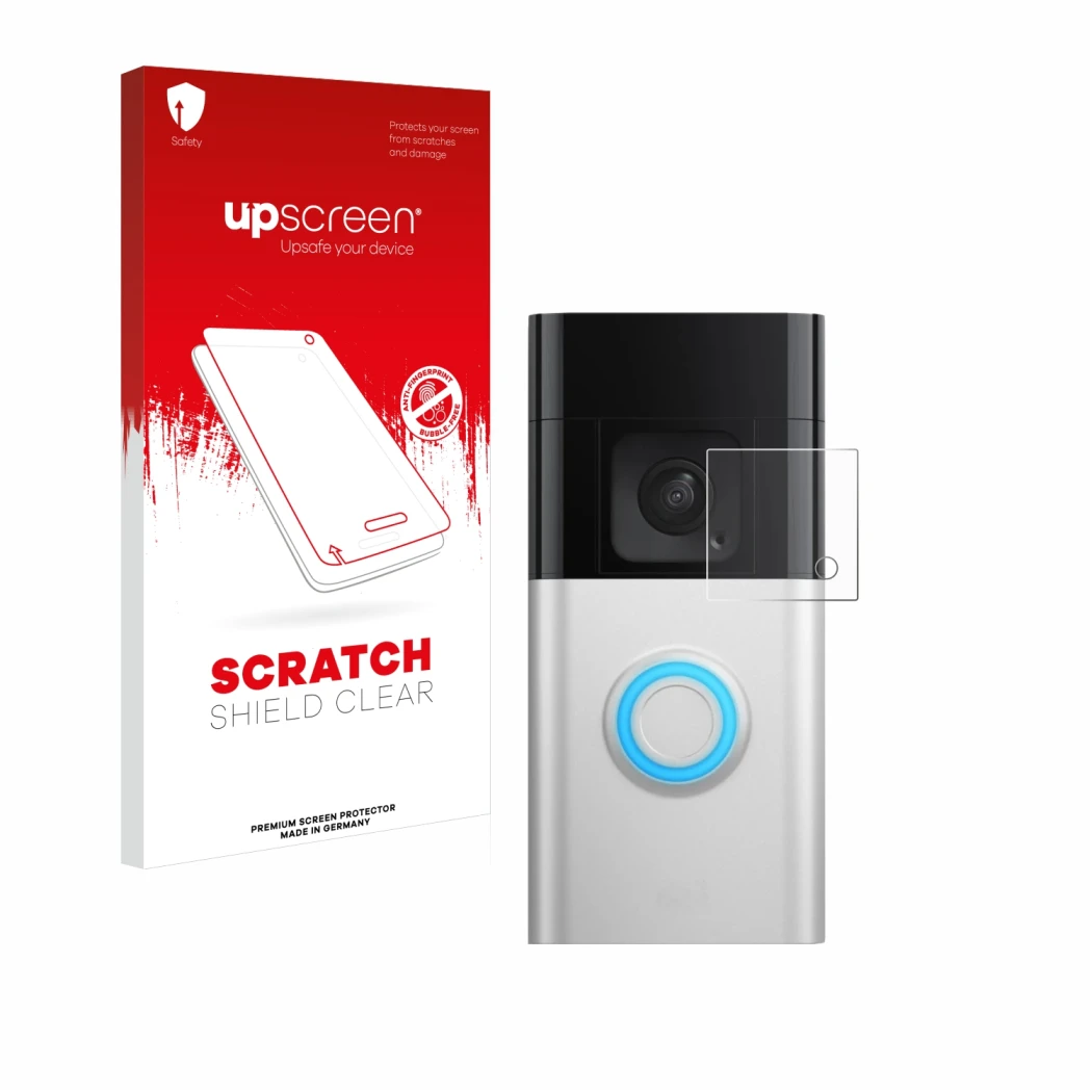 Face avant d’un emballage produit avec le logo de la marque upscreen. À côté, l’appareil Ring Battery Video Doorbell Pro est r