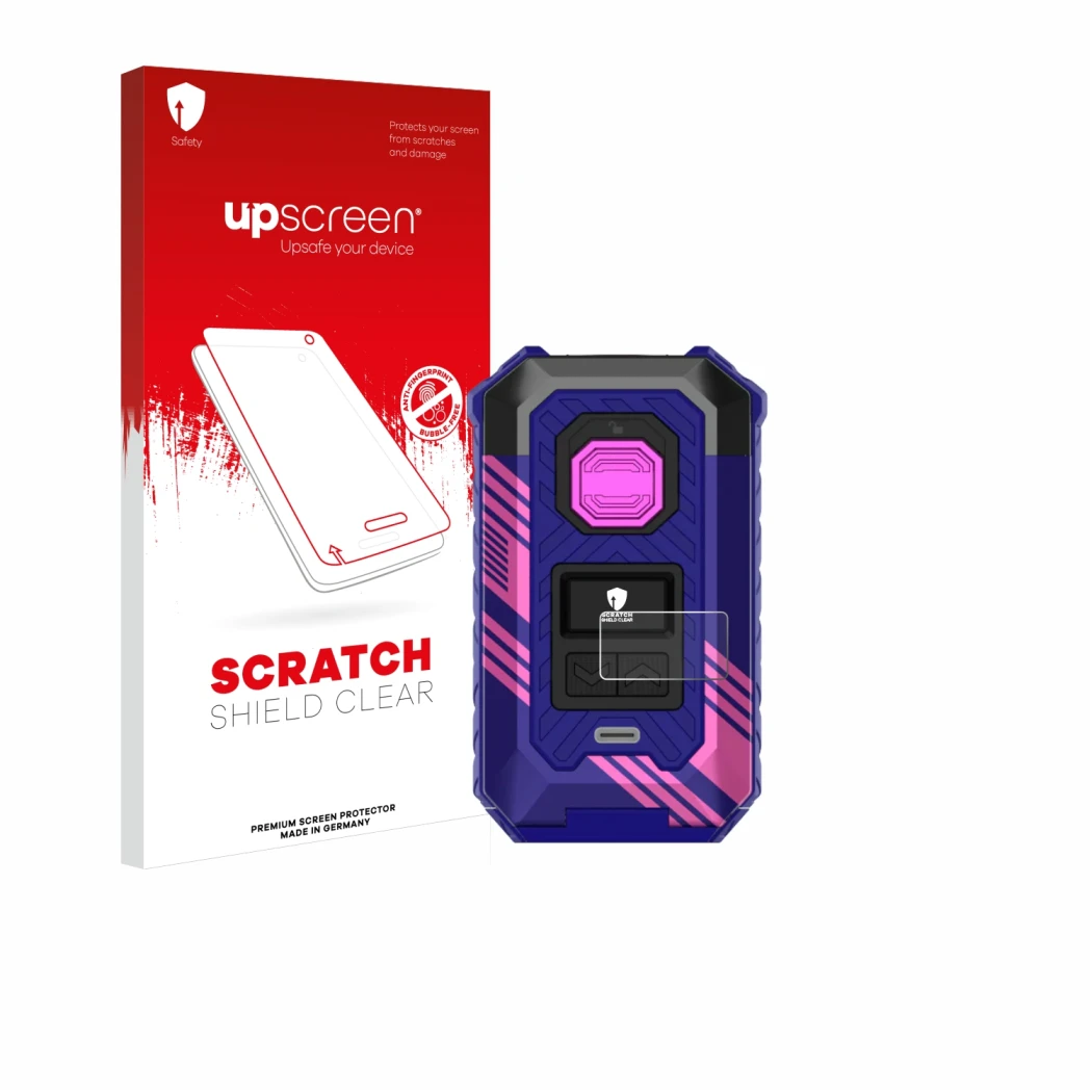 Face avant d’un emballage produit avec le logo de la marque upscreen. À côté, l’appareil Vaporesso Armour Max est représenté a
