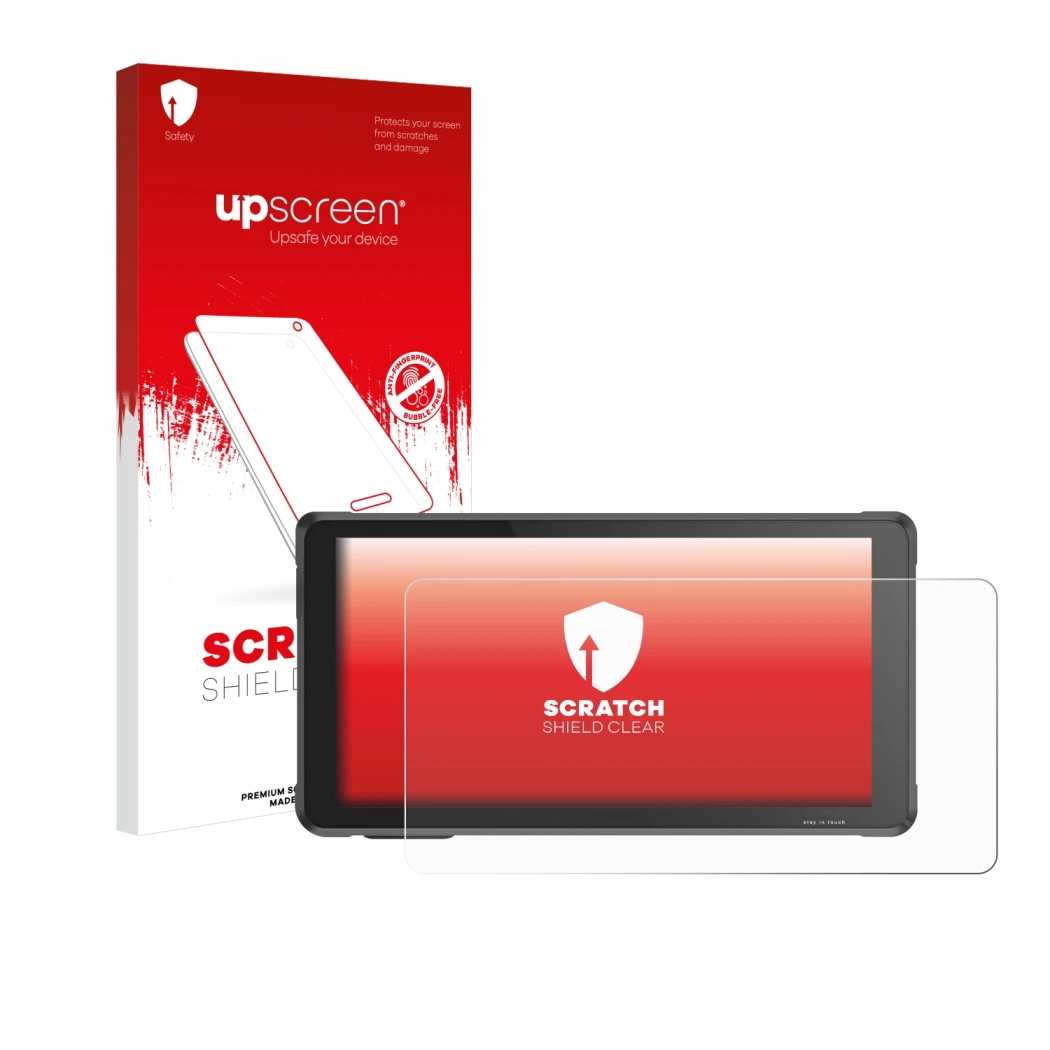 Face avant d’un emballage produit avec le logo de la marque upscreen. À côté, l’appareil Interphone RideSync Sync55 est représ