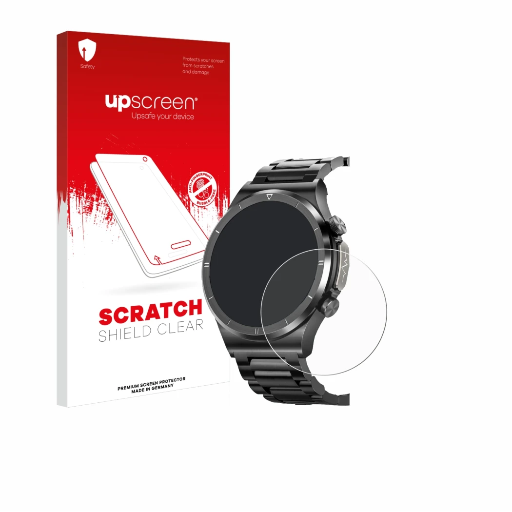 Face avant d’un emballage produit avec le logo de la marque upscreen. À côté, l’appareil Powerwill Smartwatch 1.39