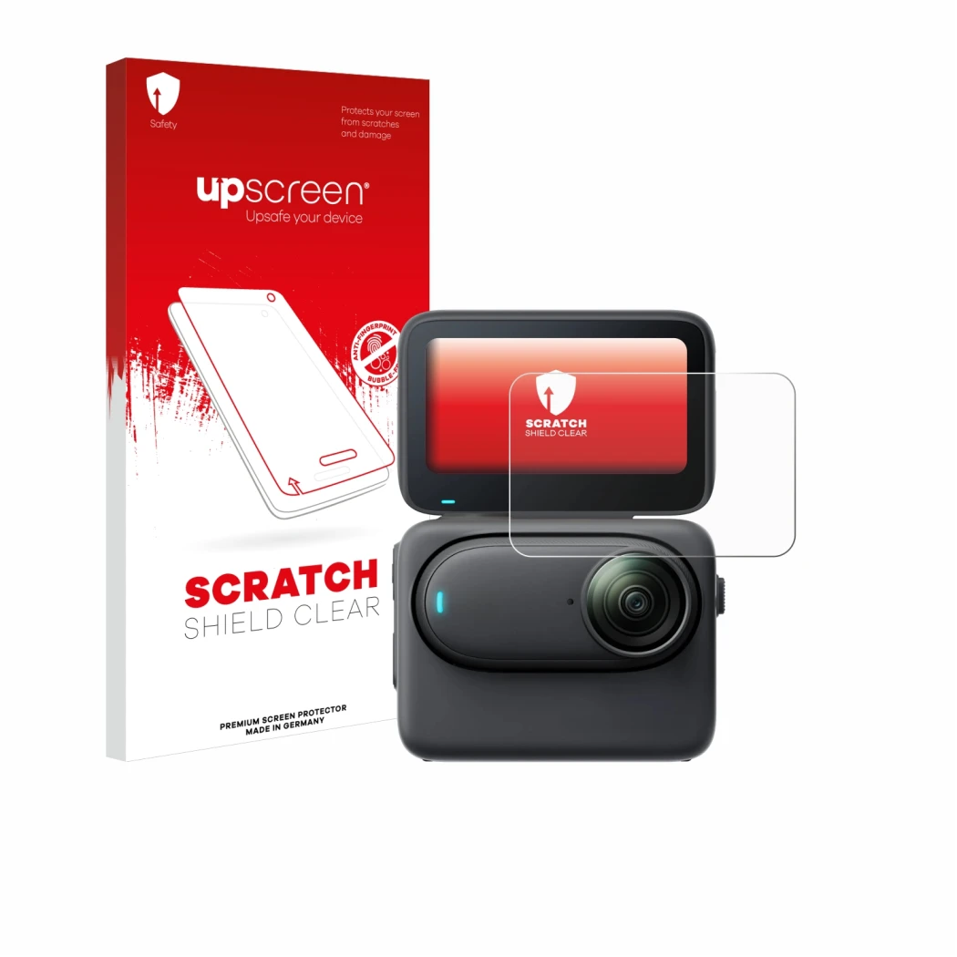 Face avant d’un emballage produit avec le logo de la marque upscreen. À côté, l’appareil Insta360 Go 3S est représenté avec la