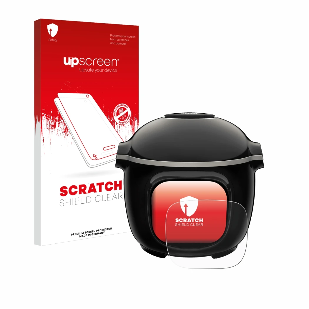 Face avant d’un emballage produit avec le logo de la marque upscreen. À côté, l’appareil Moulinex Cookeo Touch est représenté