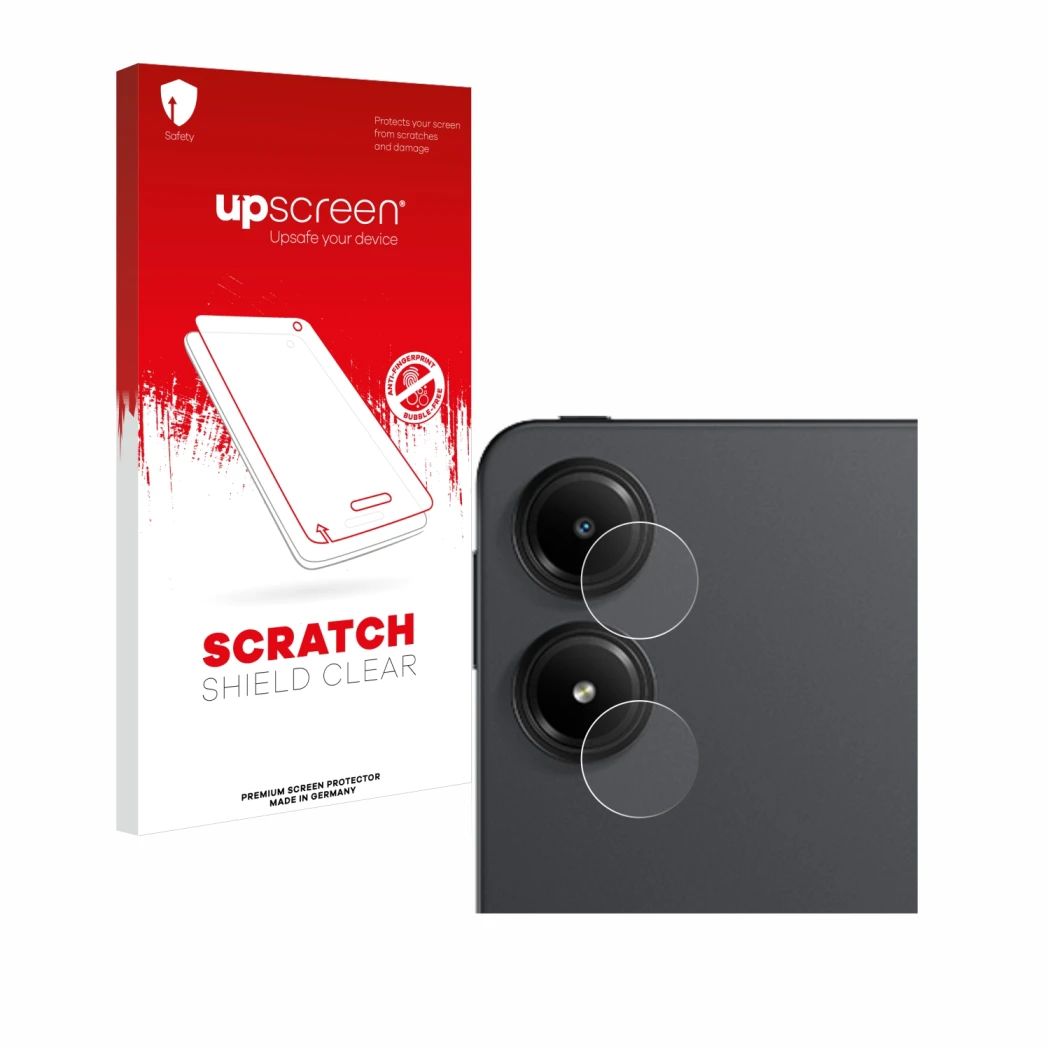 Face avant d’un emballage produit avec le logo de la marque upscreen. À côté, l’appareil Xiaomi Redmi Pad Pro 5G (Caméra UNIQU