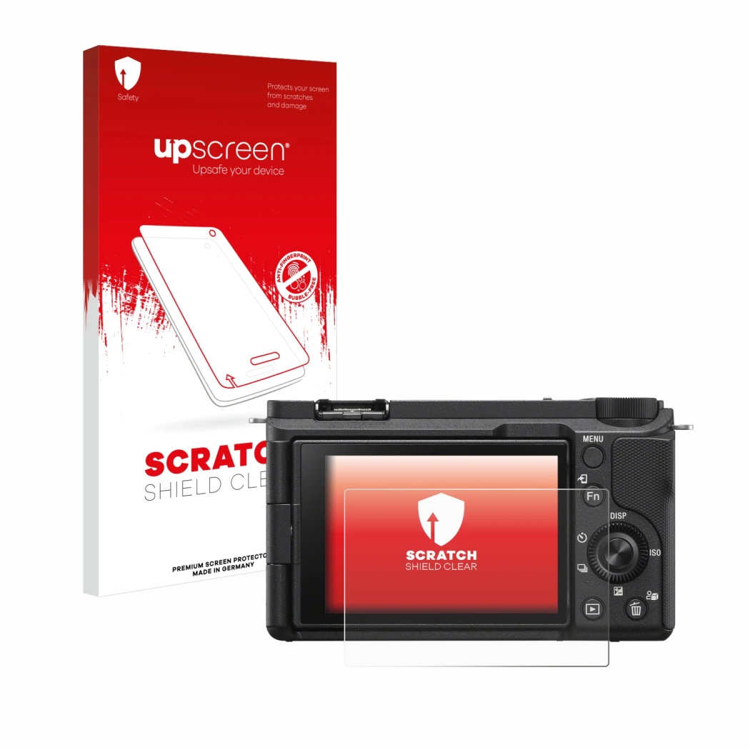 Face avant d’un emballage produit avec le logo de la marque upscreen. À côté, l’appareil Sony Alpha ZV-E10 II est représenté a