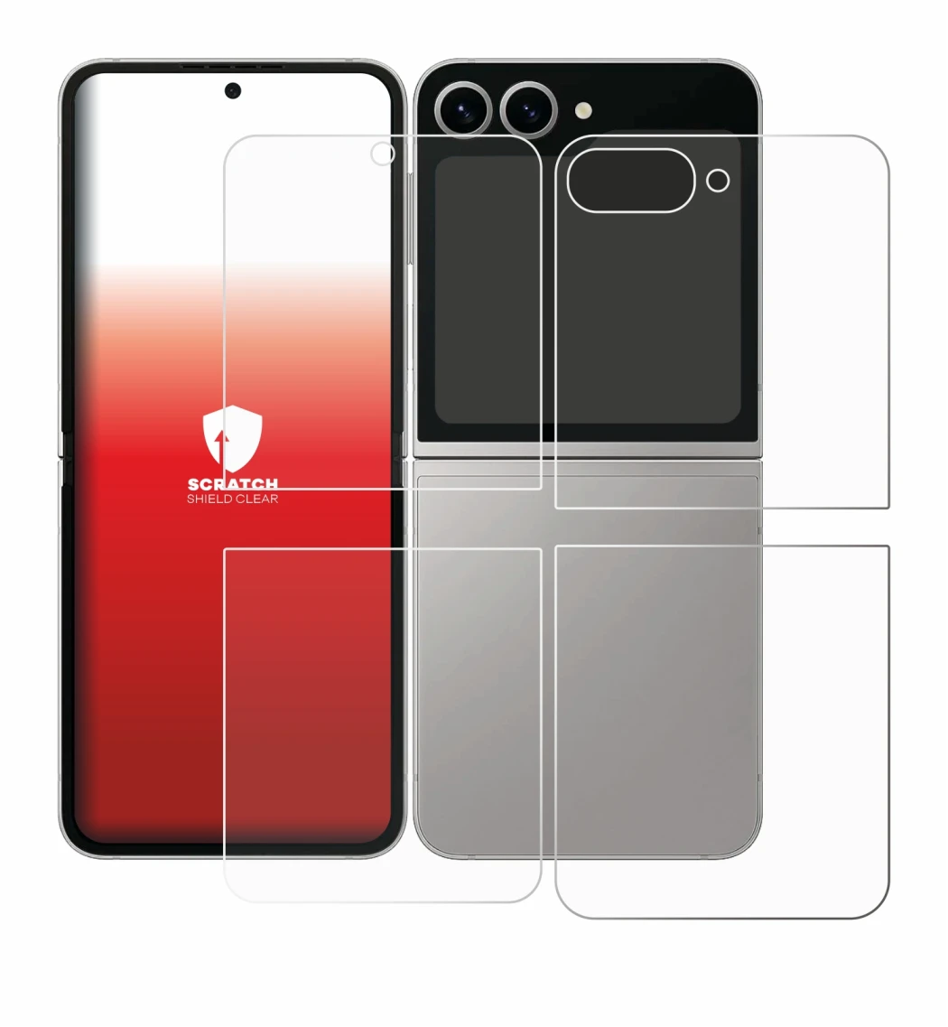 Image de l'appareil Samsung Galaxy Z Flip 6 (Avant+Arrière) avec une grande variété de protections d'écran.
