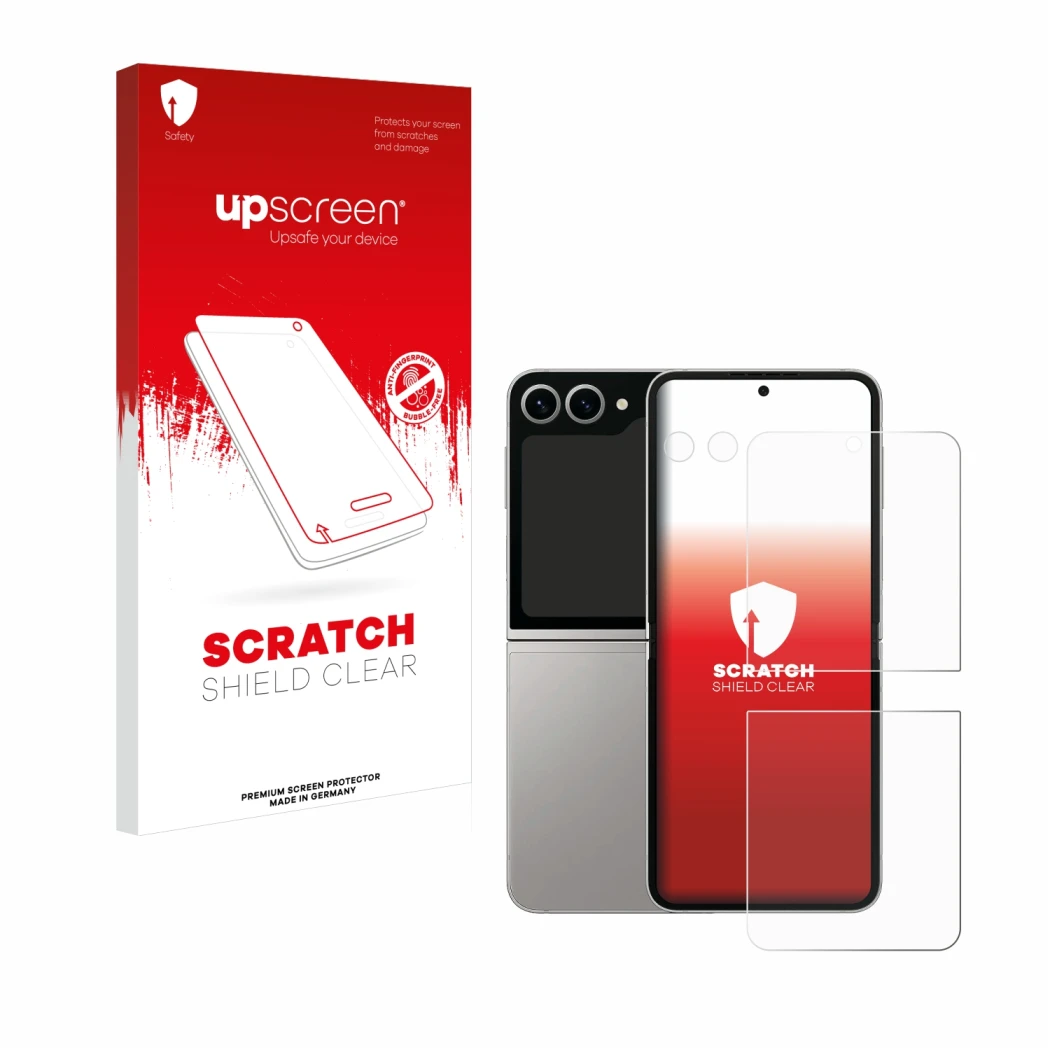 Face avant d’un emballage produit avec le logo de la marque upscreen. À côté, l’appareil Samsung Galaxy Z Flip 6 (Avant+Caméra