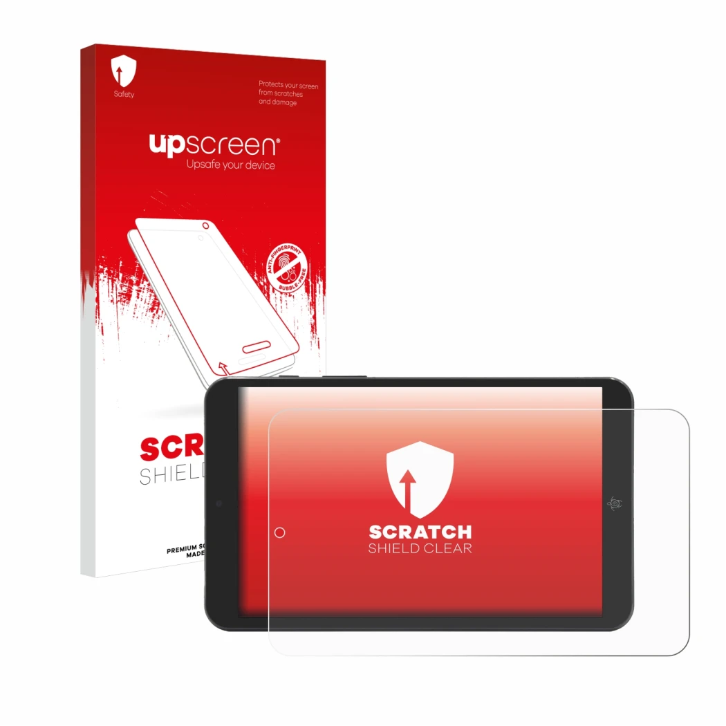 Face avant d’un emballage produit avec le logo de la marque upscreen. À côté, l’appareil Mediacom SmartPad Iyo 8 est représent