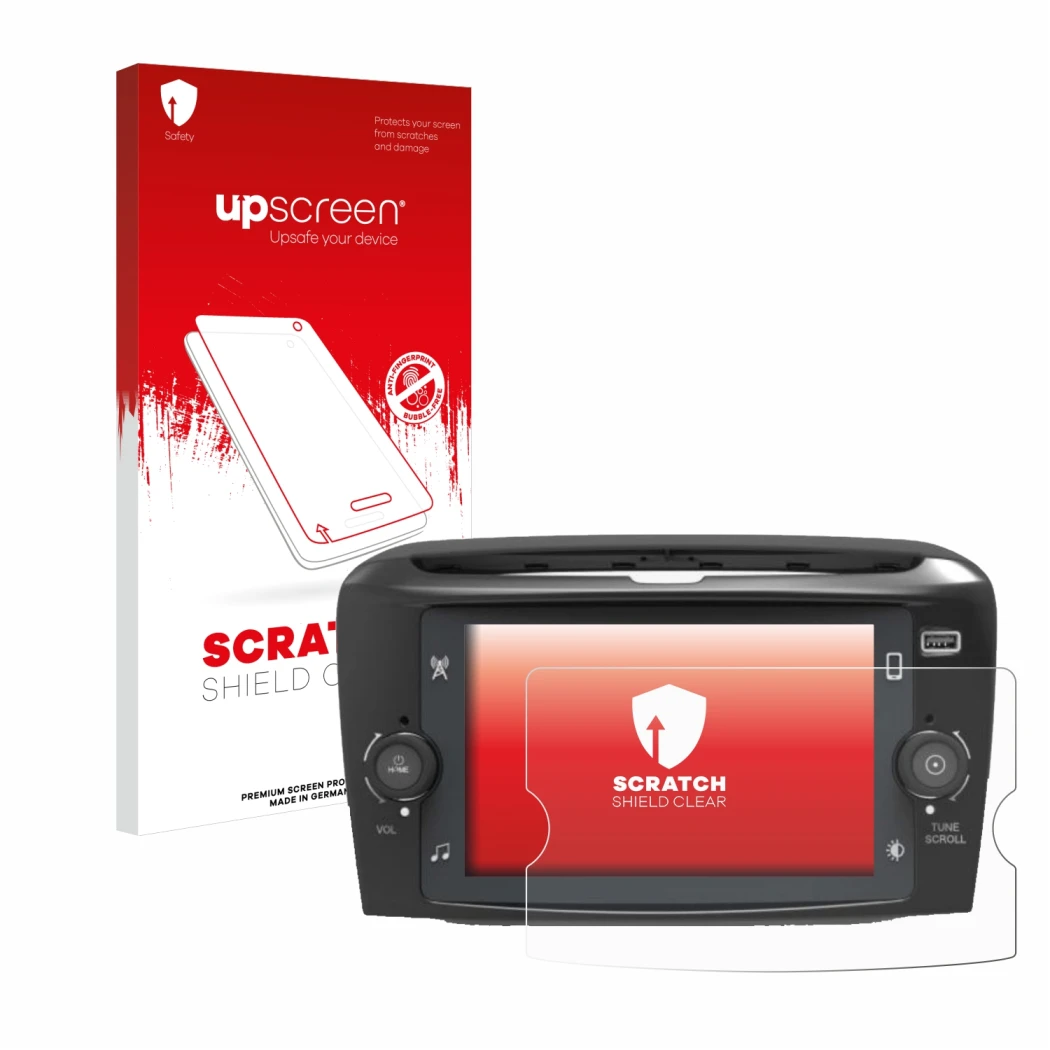 Face avant d’un emballage produit avec le logo de la marque upscreen. À côté, l’appareil Lancia Ypsilon 7