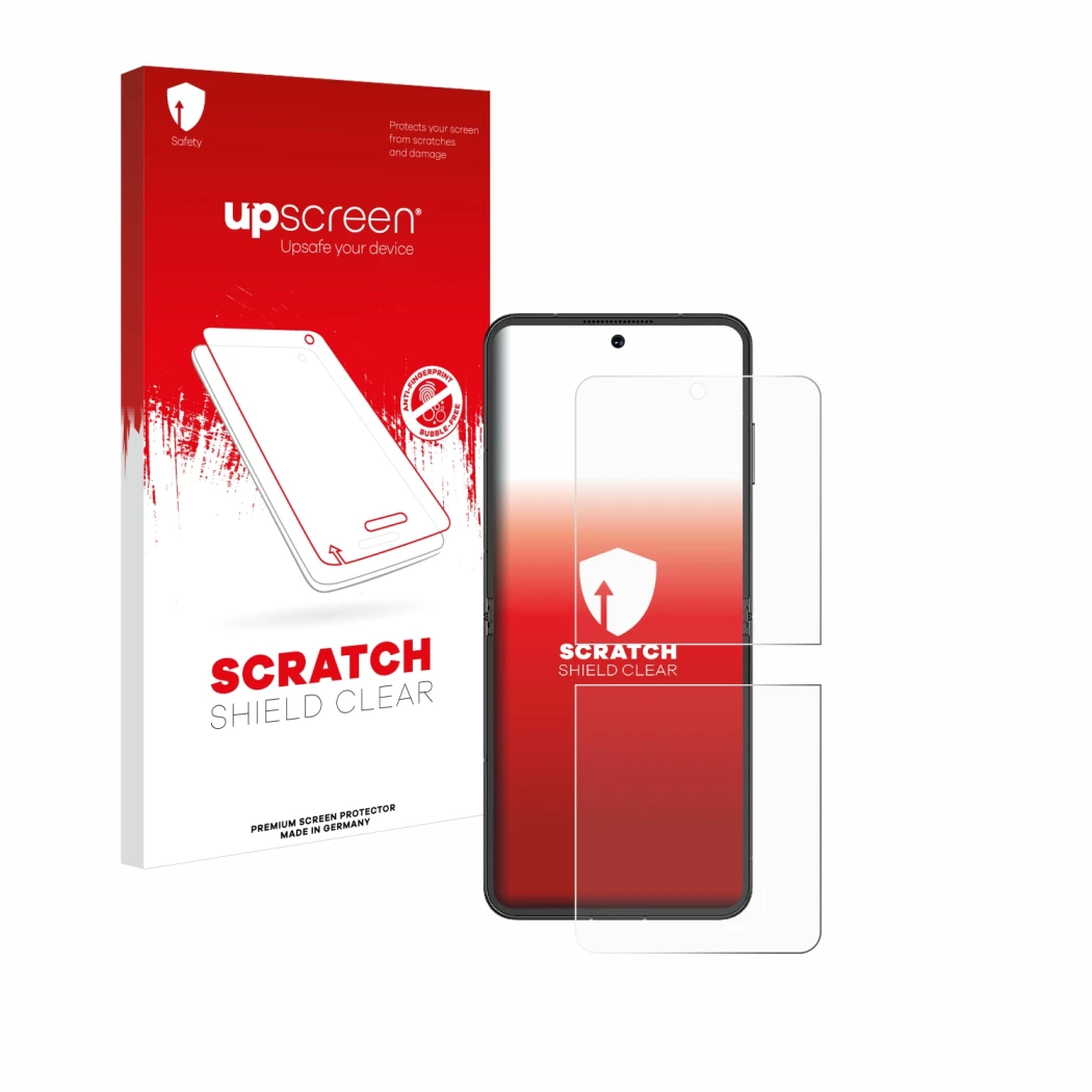 Face avant d’un emballage produit avec le logo de la marque upscreen. À côté, l’appareil Nubia Flip 5G est représenté avec la