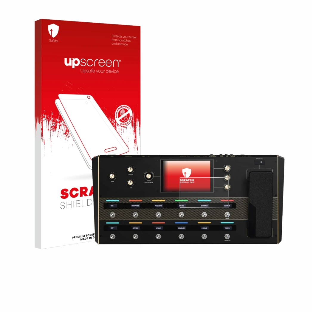 Face avant d’un emballage produit avec le logo de la marque upscreen. À côté, l’appareil Headrush Prime est représenté avec la