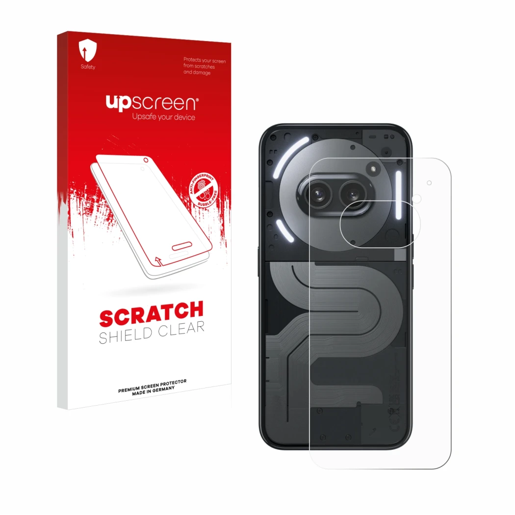 Face avant d’un emballage produit avec le logo de la marque upscreen. À côté, l’appareil Nothing Phone (2a) Plus (Arrière) est