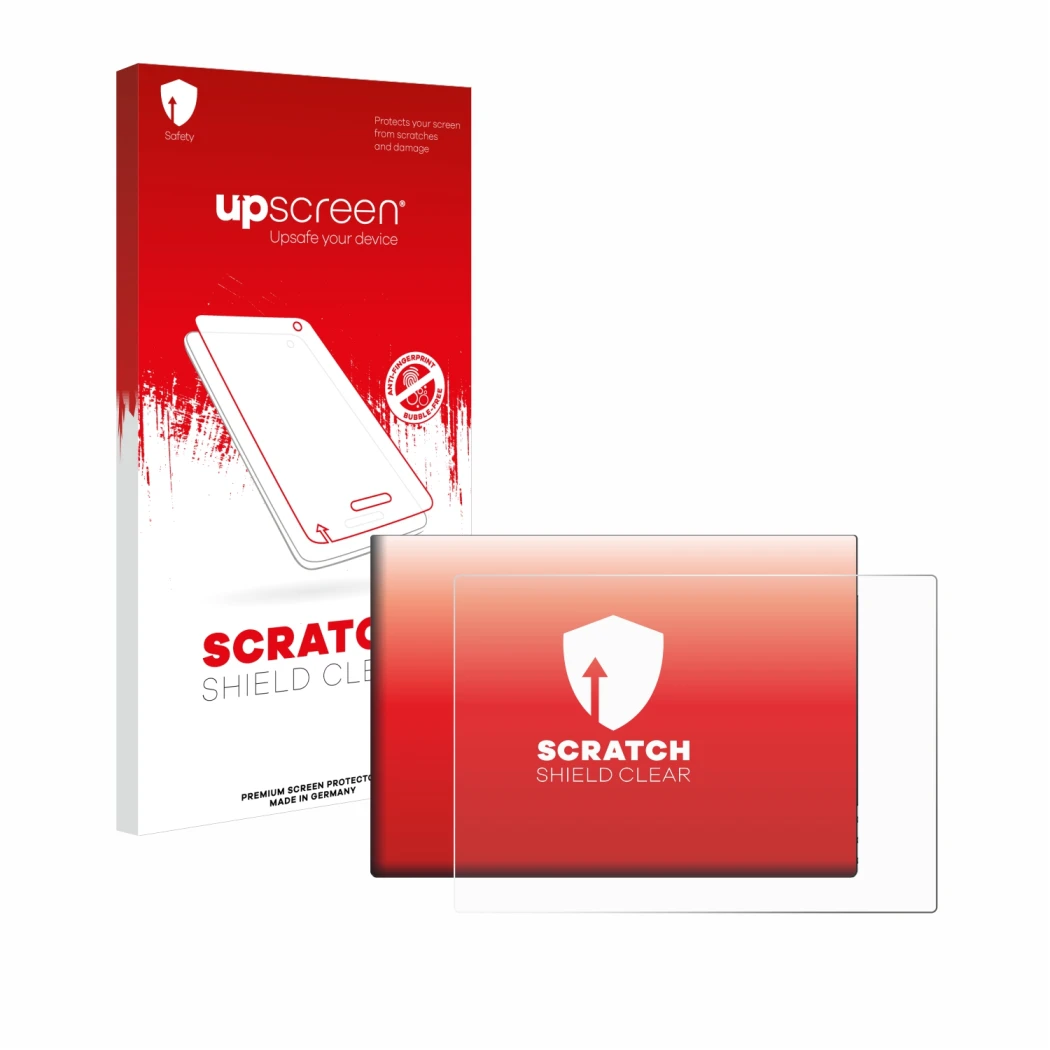 Face avant d’un emballage produit avec le logo de la marque upscreen. À côté, l’appareil G-STORY 10.1