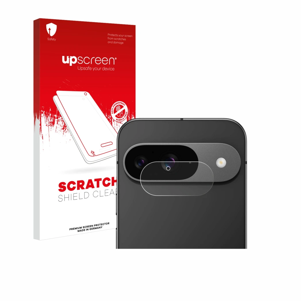 Face avant d’un emballage produit avec le logo de la marque upscreen. À côté, l’appareil Google Pixel 9 (Caméra UNIQUEMENT) es
