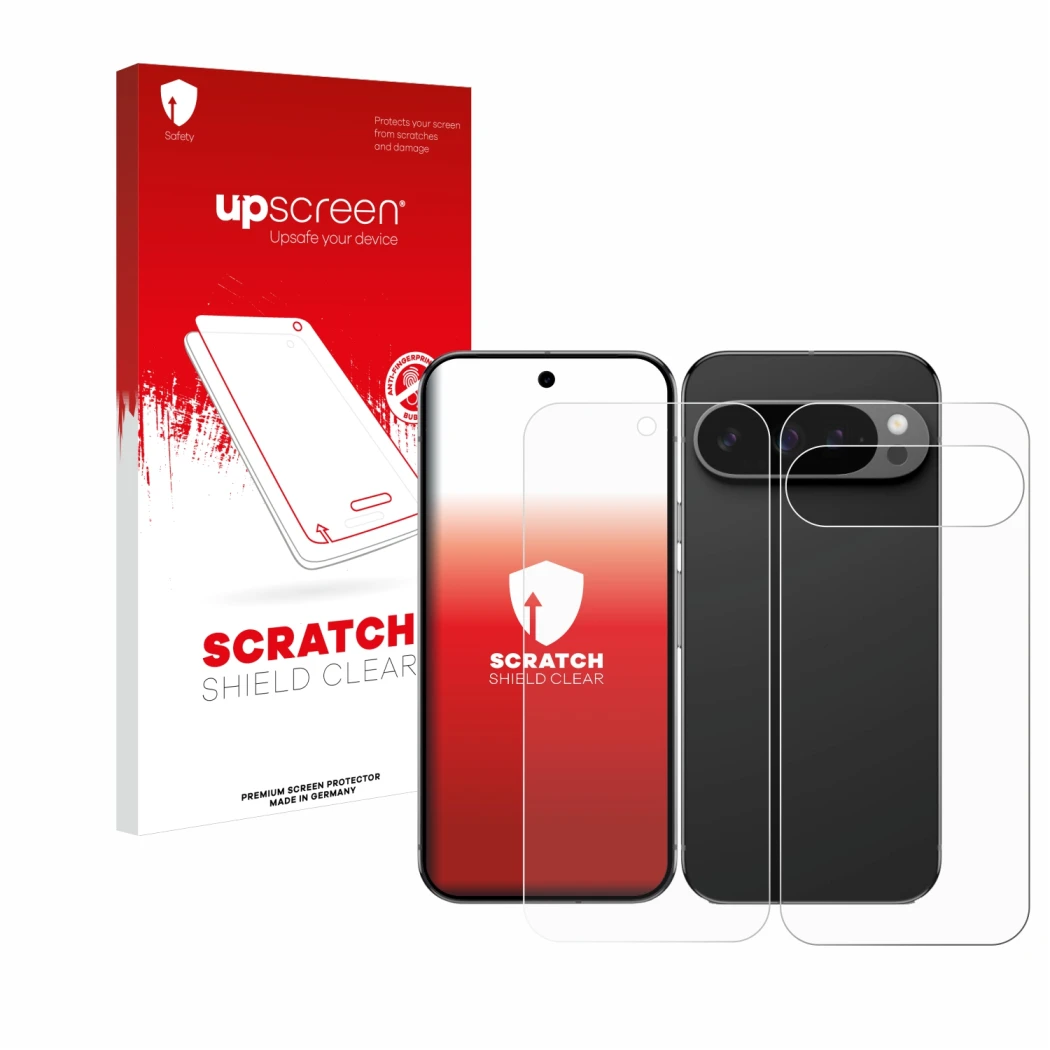 Face avant d’un emballage produit avec le logo de la marque upscreen. À côté, l’appareil Google Pixel 9 Pro (Avant+Arrière) es