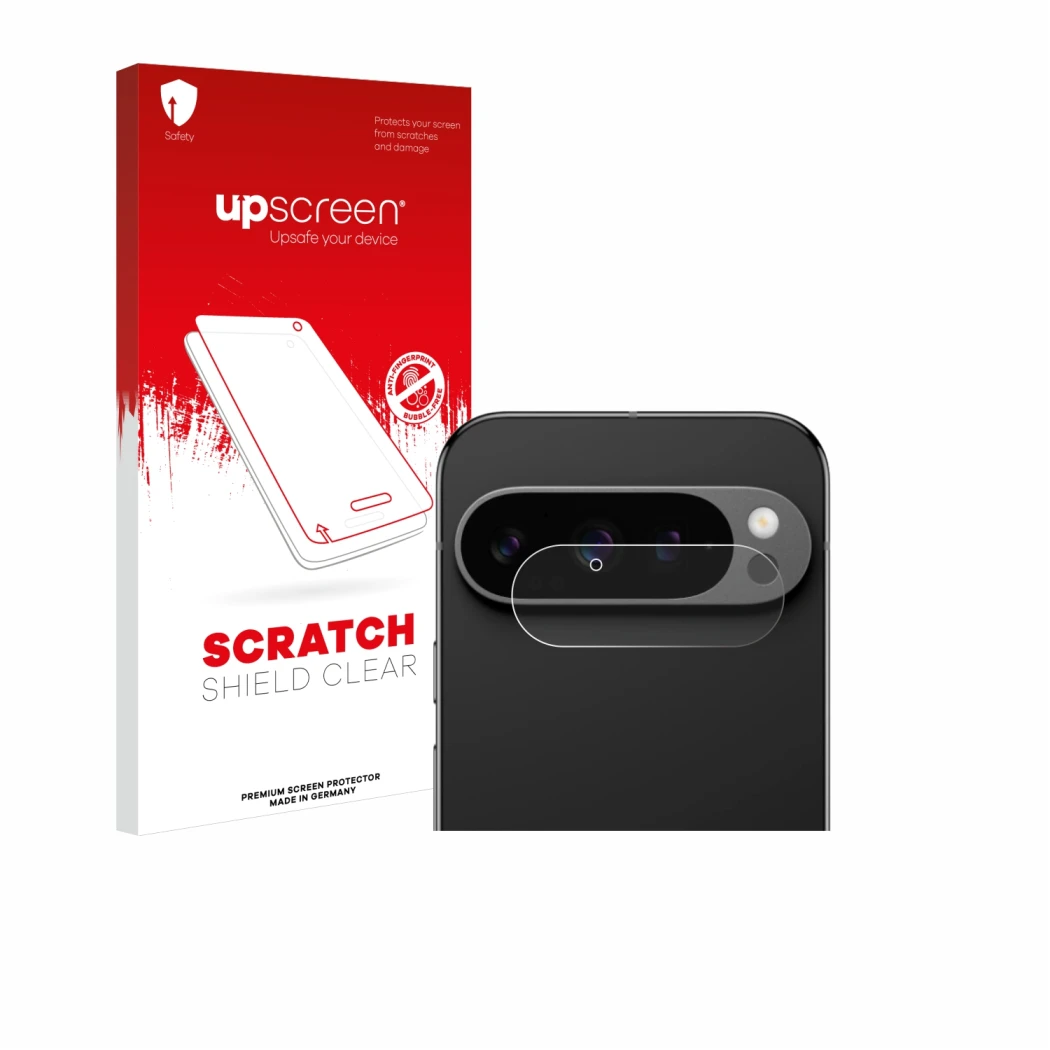 Face avant d’un emballage produit avec le logo de la marque upscreen. À côté, l’appareil Google Pixel 9 Pro (Caméra UNIQUEMENT