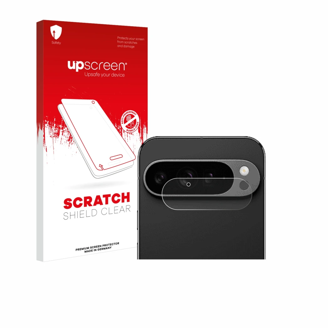 Face avant d’un emballage produit avec le logo de la marque upscreen. À côté, l’appareil Google Pixel 9 Pro XL (Caméra UNIQUEM