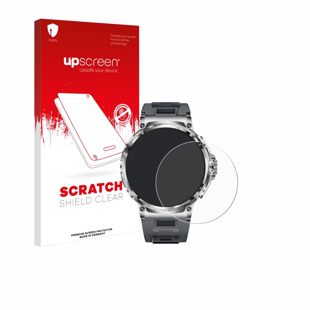 Face avant d’un emballage produit avec le logo de la marque upscreen. À côté, l’appareil Smartwatch V69 1.85