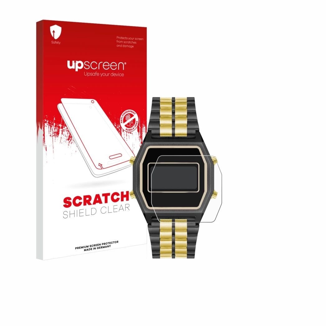 Face avant d’un emballage produit avec le logo de la marque upscreen. À côté, l’appareil Armitron Rubik est représenté avec la