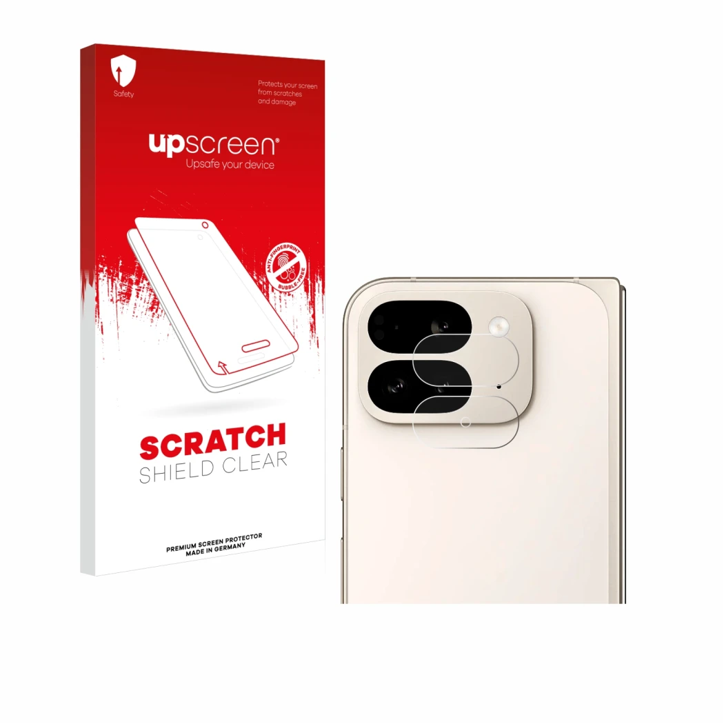 Face avant d’un emballage produit avec le logo de la marque upscreen. À côté, l’appareil Google Pixel 9 Pro Fold (Caméra UNIQU