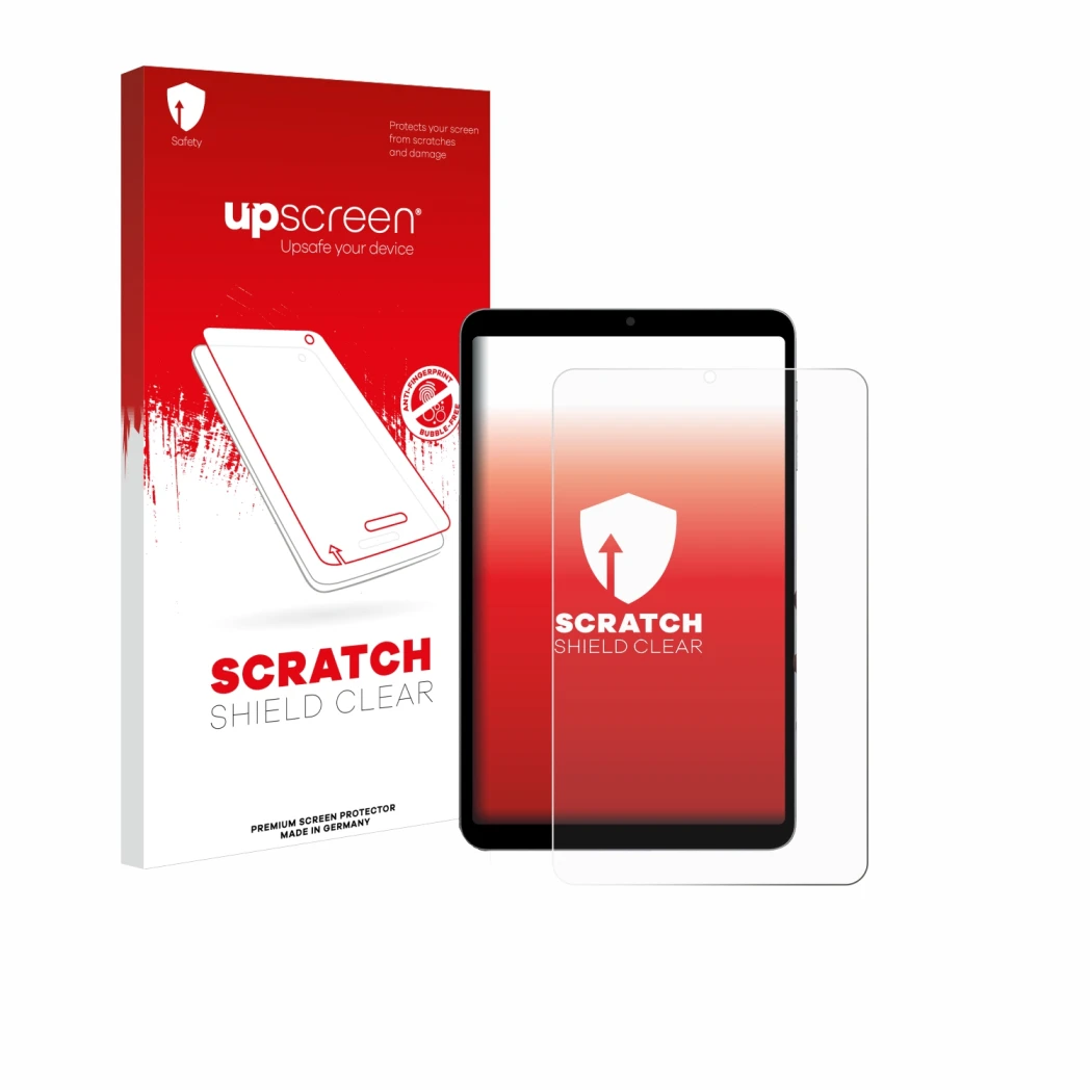 Face avant d’un emballage produit avec le logo de la marque upscreen. À côté, l’appareil Alldocube iPlay 60 Mini Pro est repré