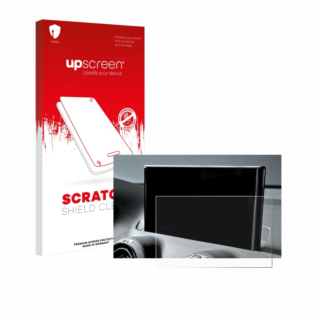 Face avant d’un emballage produit avec le logo de la marque upscreen. À côté, l’appareil Audi Q2 Facelift 2024 est représenté