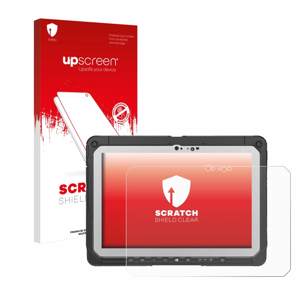 Face avant d’un emballage produit avec le logo de la marque upscreen. À côté, l’appareil Panasonic Toughbook CF-20 MK2 est rep