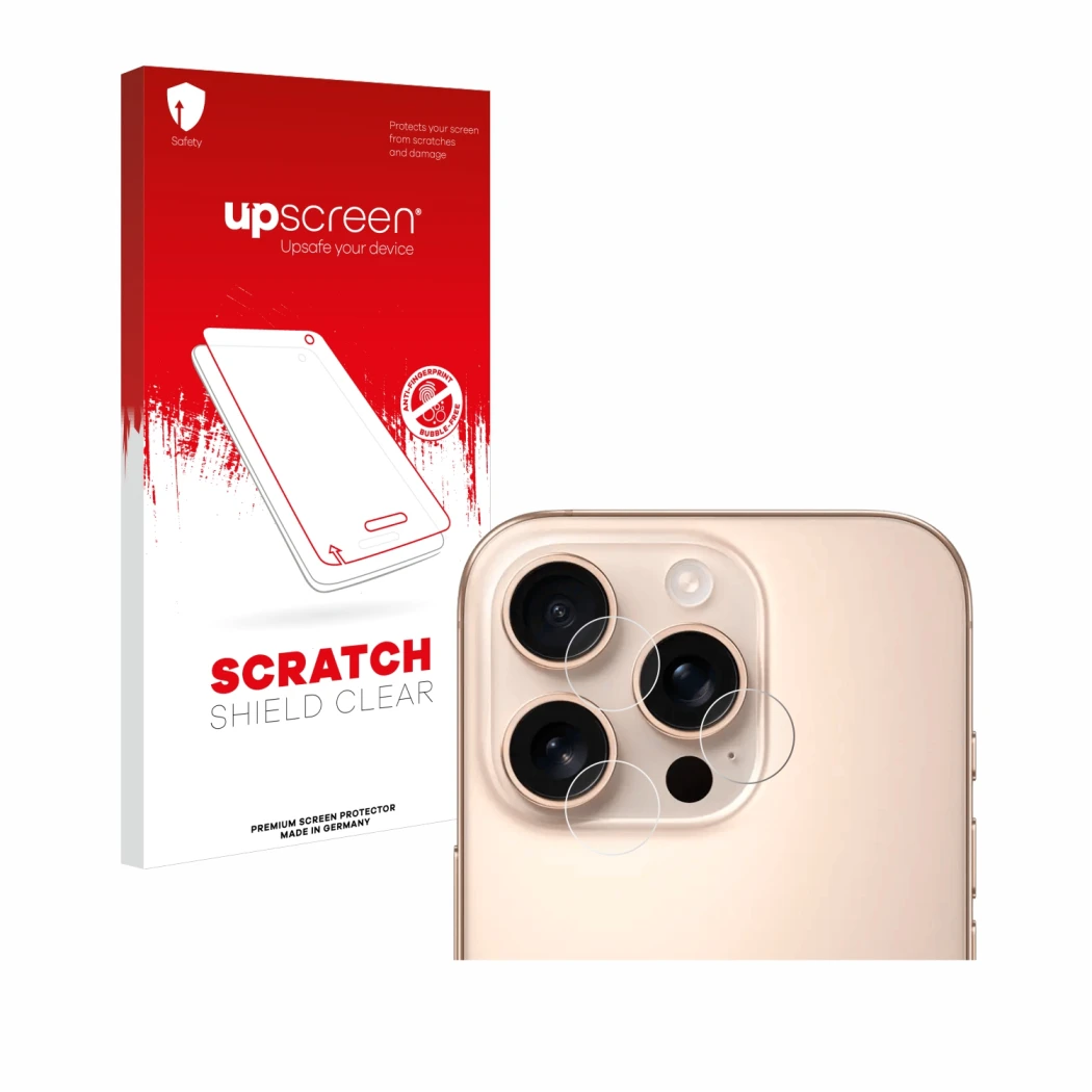 Face avant d’un emballage produit avec le logo de la marque upscreen. À côté, l’appareil Apple iPhone 16 Pro (Caméra UNIQUEMEN