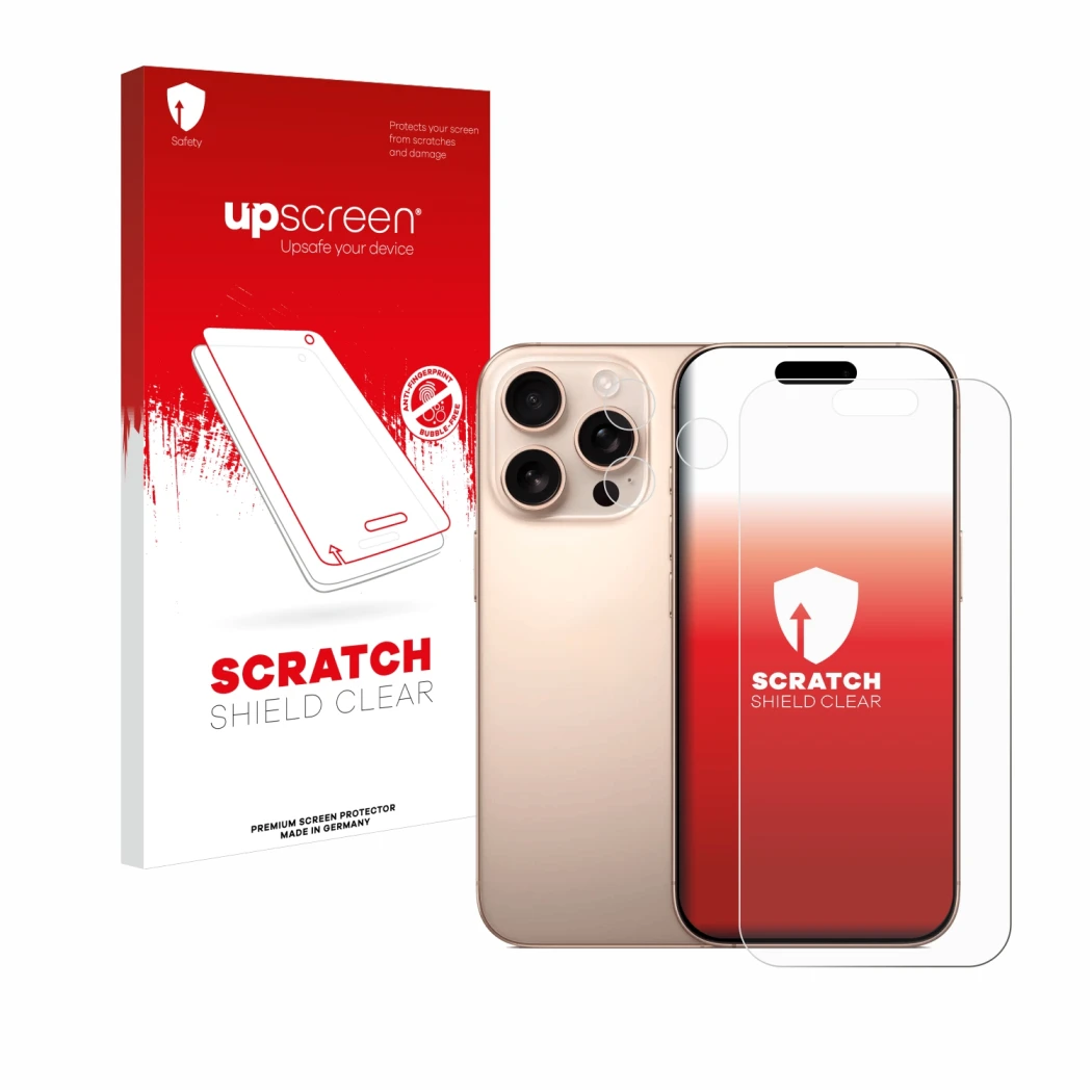 Face avant d’un emballage produit avec le logo de la marque upscreen. À côté, l’appareil Apple iPhone 16 Pro (Avant+Caméra) es